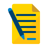 ícone - página amarela e uma caneta azul assinando na parte inferior da página.