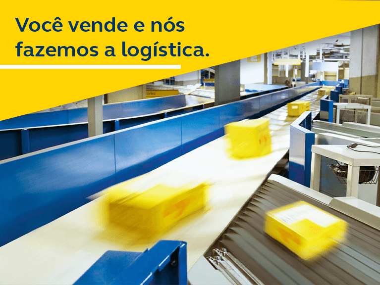 Esteira logística com 4 caixas amarelas dos Correios sendo deslocadas. Texto: você vende e nós fazemos a logística.