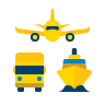 ícone com desenho de um avião amarelo centralizado, logo abaixo o desenho de um navio e um caminhão, ambos amarelos com pequenos detalhes em azul 